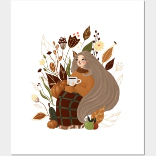 Cozy Autumn Girl Digital Art Posters and Art